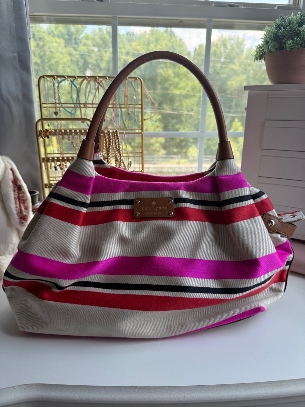 Kate Spade  striped canvas tote bag in pink and red